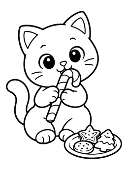 A sweet christmas kitten coloring page with a candy cane and cookie plate.