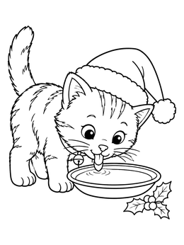 Free printable Festive Kitten Drinking Milk coloring page