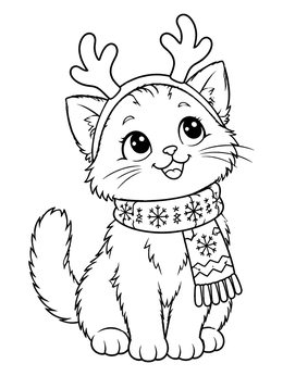 A festive christmas kitten coloring page showing a cat in a winter scarf and antlers.