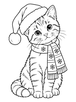 A festive christmas kitten coloring page featuring a cute cat wearing a Santa hat and a cozy winter scarf.