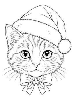 Detailed christmas kitten coloring page showing a cute cat head with a Santa hat and holly bow.