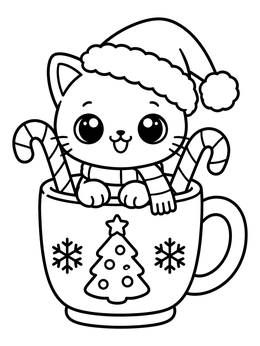 A cute kitten wearing a Santa hat inside a cup on this christmas kitten coloring page.