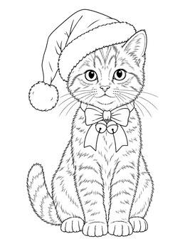 A sweet christmas kitten coloring page featuring a cat wearing a festive Santa hat and a bow with bells.