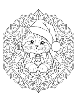 A festive christmas kitten coloring page featuring a cat in a Santa hat inside an intricate mandala.