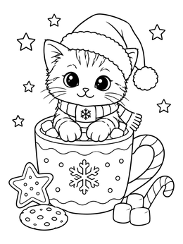 A cute christmas kitten coloring page showing a cat in a holiday cocoa mug with cookies.