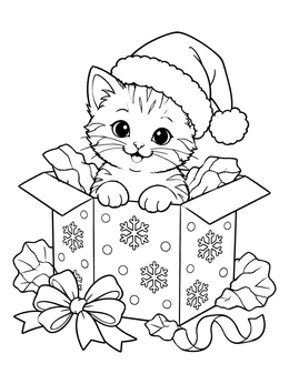 A festive christmas kitten coloring page featuring a cute cat inside a holiday present.