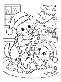 A festive christmas kitten coloring page showing two cats tangled in tree garland near presents.