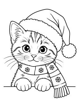 A cute christmas kitten coloring page featuring a cat in a Santa hat and scarf.