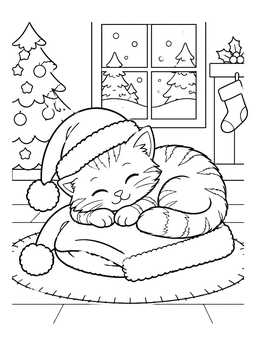 Free printable Sleeping Kitten In Santa Hat coloring page