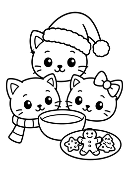 Three cute cats enjoy treats in this christmas kitten coloring page.