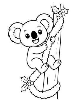 A cute christmas koala coloring page featuring a happy koala climbing a tree wrapped in festive garland.