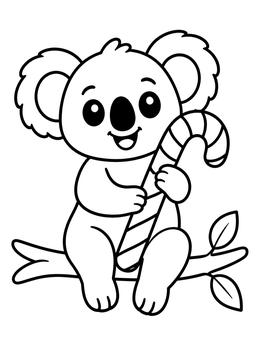 A cheerful baby bear rests on a branch in this christmas koala coloring page.