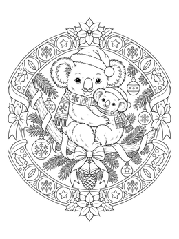 A festive christmas koala coloring page featuring a mother and baby koala in Santa hats within an ornate holiday wreath.