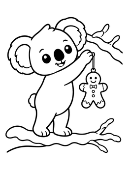 A cute christmas koala coloring page with a koala holding a gingerbread man ornament.