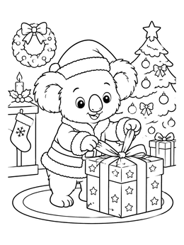 Free printable Koala Opening Christmas Gift coloring page