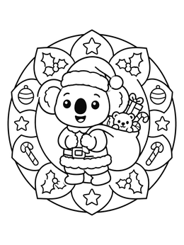 A cheerful christmas koala coloring page dressed as Santa holding a sack of gifts inside a wreath frame.