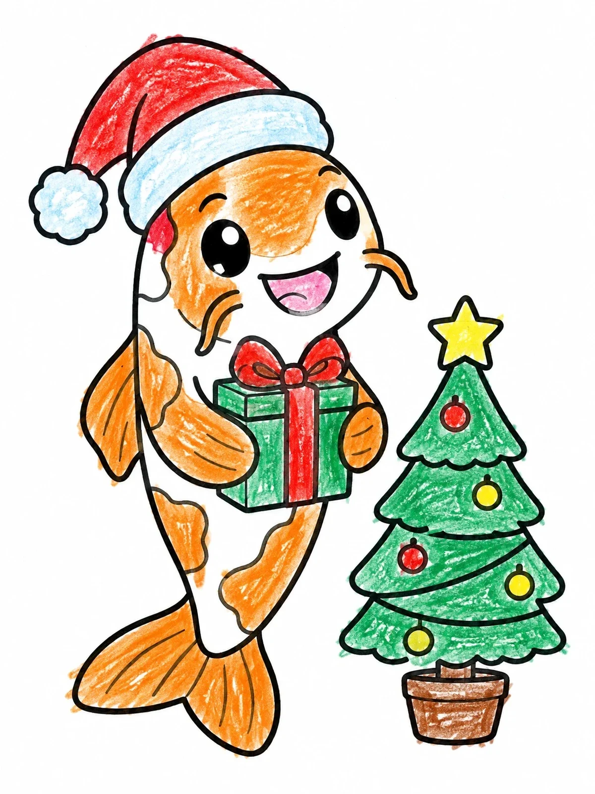 Colored example of the Christmas Koi Fish With Present coloring page