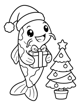 A cheerful koi fish coloring page featuring a Santa hat, a gift, and a decorated tree.