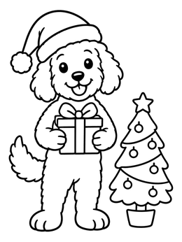 Free printable Festive Christmas Labradoodle With Gift coloring page
