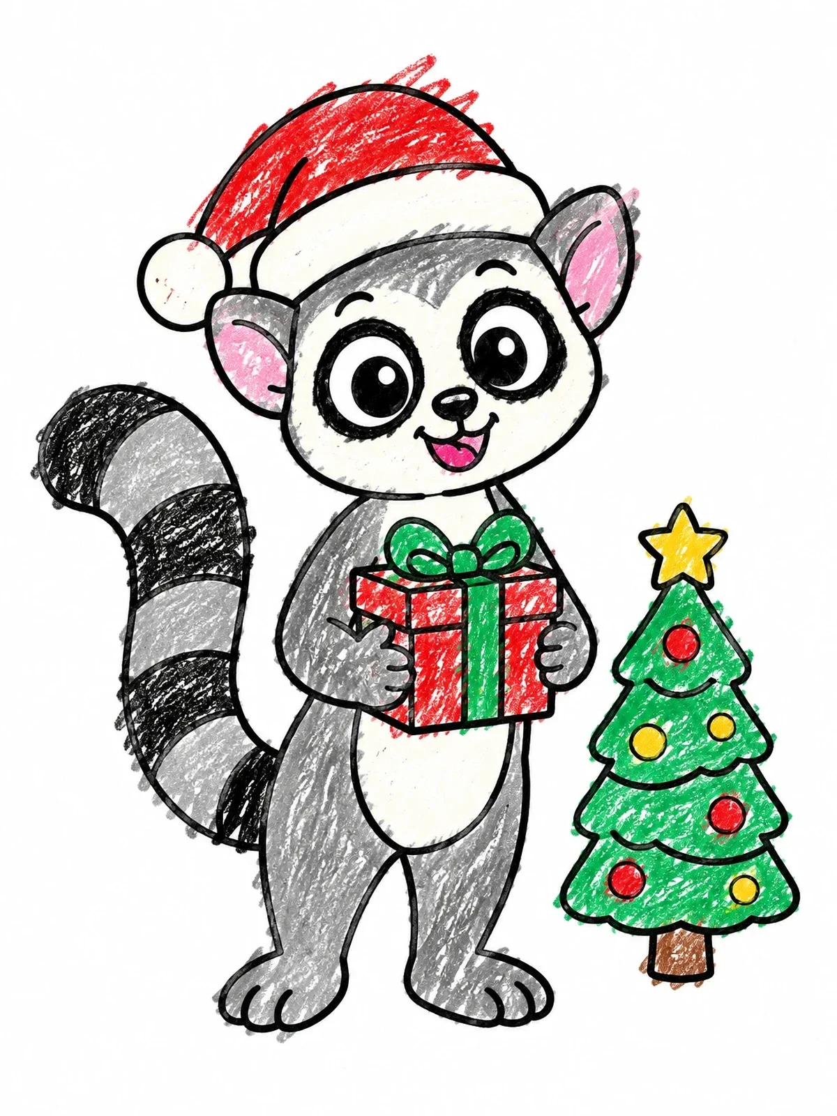 Colored example of the Lemur Celebrating Christmas With Gift coloring page