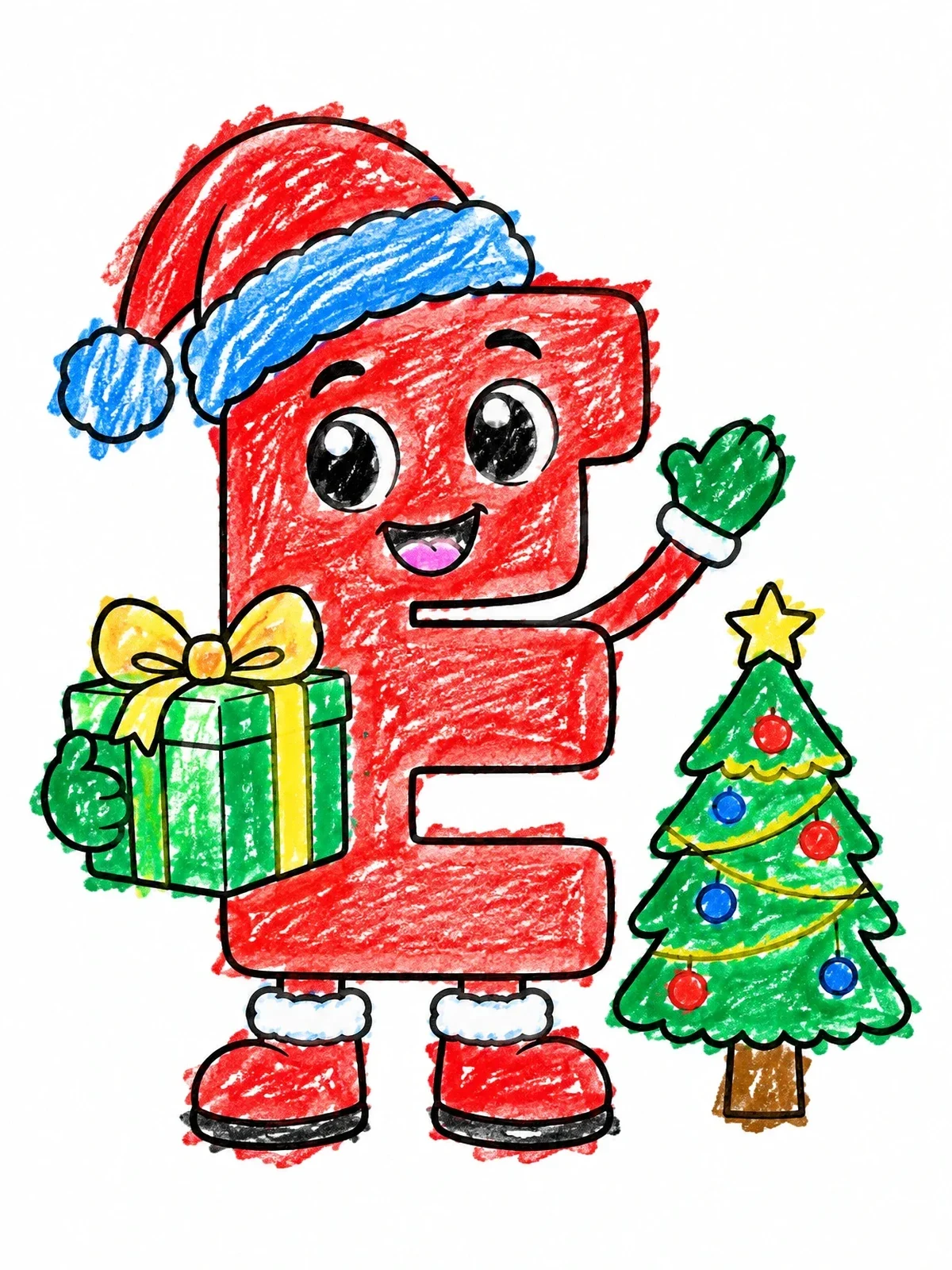 Colored example of the Christmas Letter E With Tree coloring page