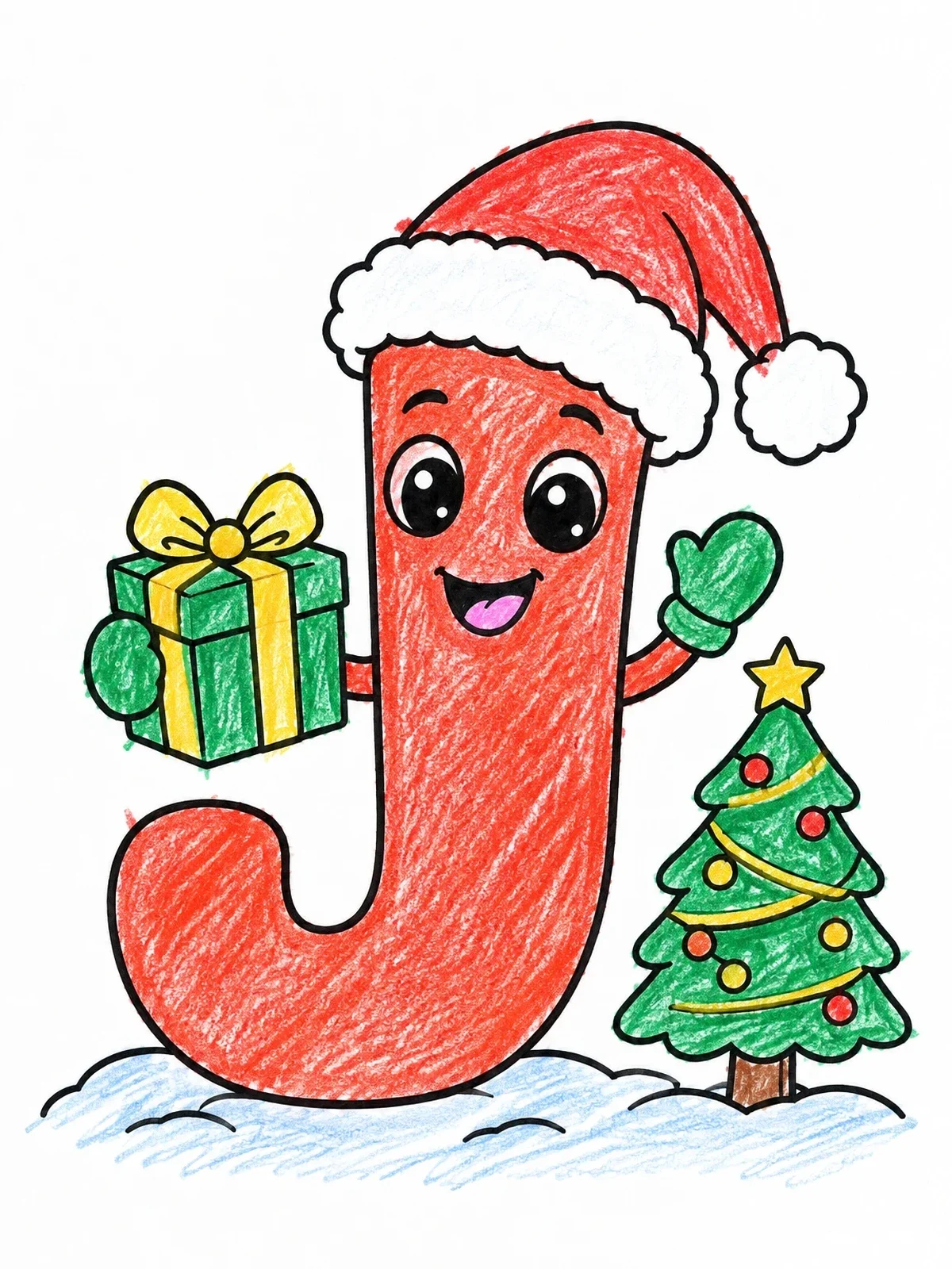 Colored example of the Festive Christmas Letter J With Gift coloring page
