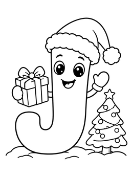 Free printable Festive Christmas Letter J With Gift coloring page