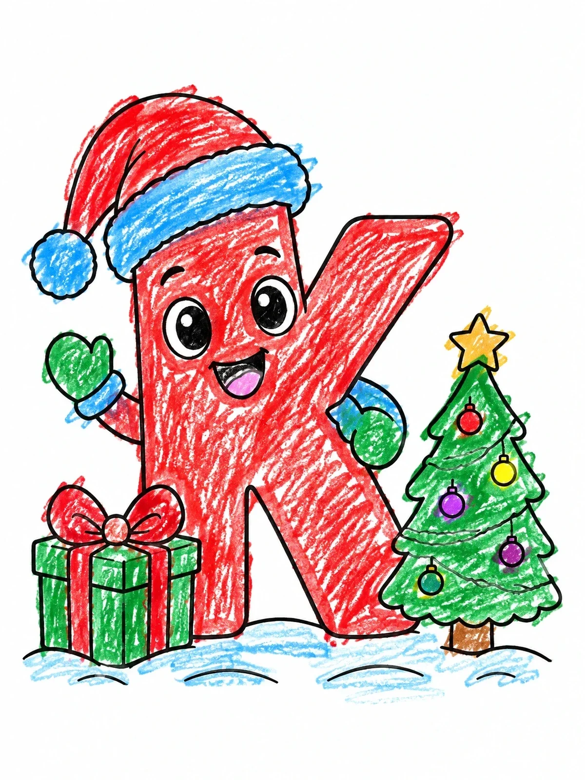 Colored example of the Christmas Letter K With Tree And Gift coloring page