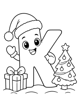 Free printable Christmas Letter K With Tree And Gift coloring page