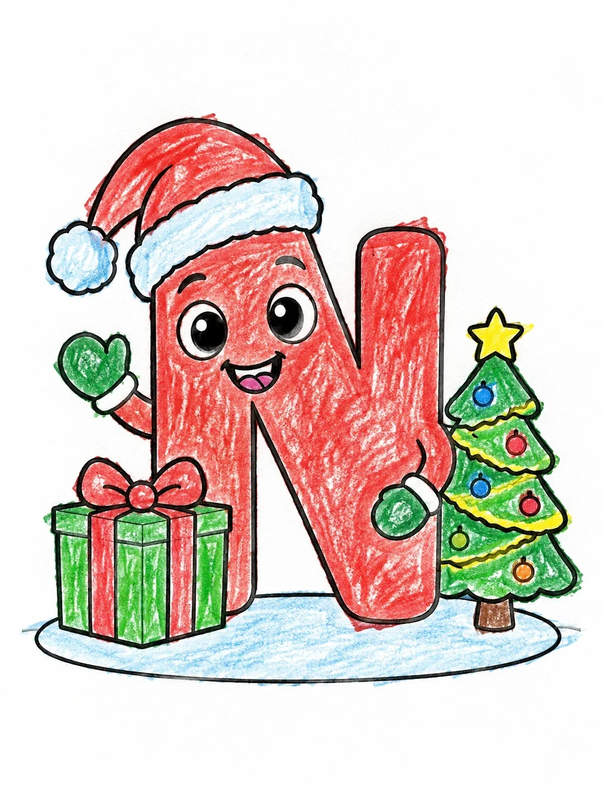 Colored example of the Festive Christmas Letter N coloring page