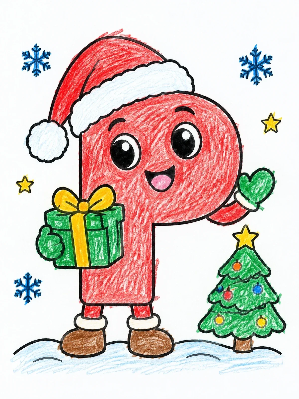 Colored example of the Christmas Letter P With Gift coloring page