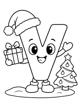 A cheerful cartoon letter V coloring page featuring a Santa hat, a gift box, and a small Christmas tree.
