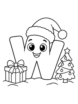 Festive letter W coloring page with a Santa hat, gift box, and small Christmas tree.