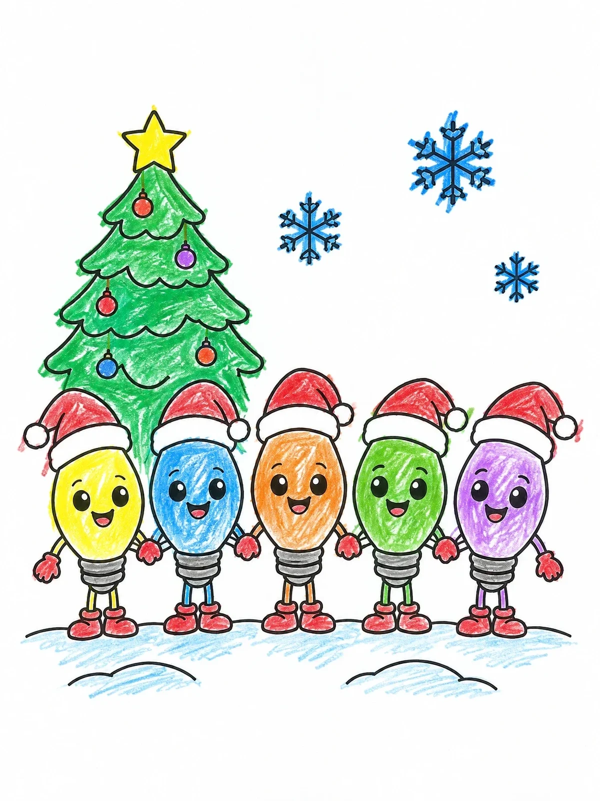 Colored example of the Christmas Light Bulbs In Santa Hats coloring page