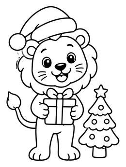 A cheerful lion coloring page showing a cub in a Santa hat holding a wrapped gift by a tree.