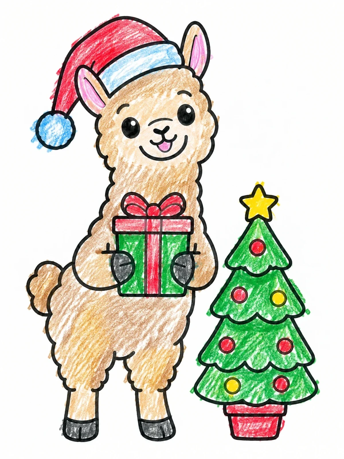 Colored example of the Cute Christmas Llama With Gift coloring page