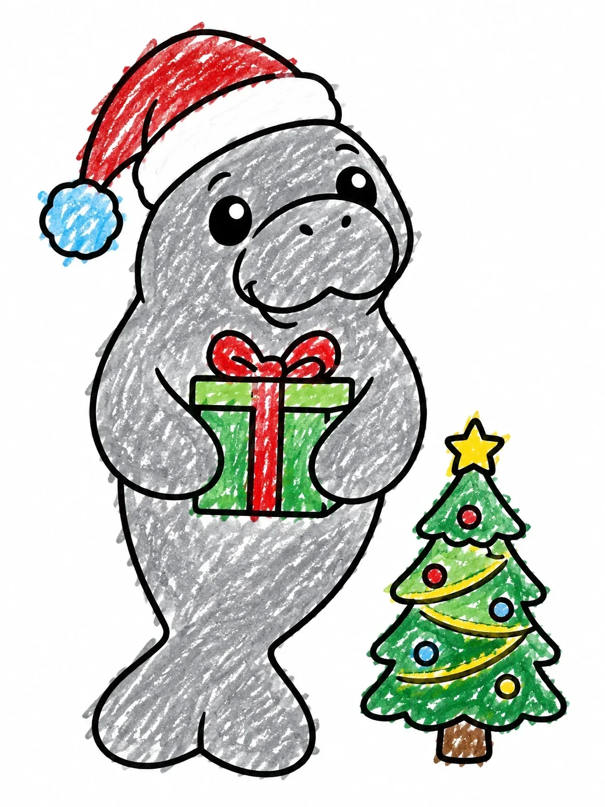Colored example of the Cute Christmas Manatee With Gift coloring page
