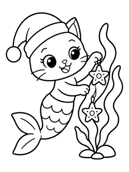 A cute mercat coloring page featuring a kitten mermaid in a Santa hat decorating seaweed with star ornaments.