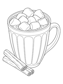 A warm mug of cocoa and marshmallows on a christmas mindfulness coloring page.