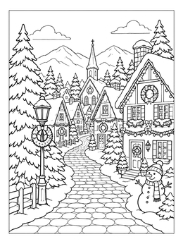 Free printable Cozy Snowy Winter Village coloring page
