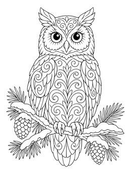 A detailed christmas mindfulness coloring page showing an ornate horned owl perched on a snowy pine branch.