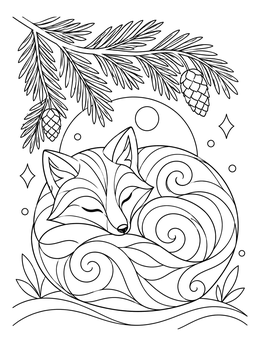 A sleeping fox under pine needles in a christmas mindfulness coloring page.
