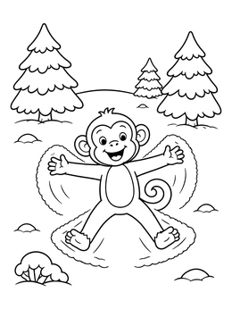 Free printable Cheerful Monkey Making A Snow Angel coloring page