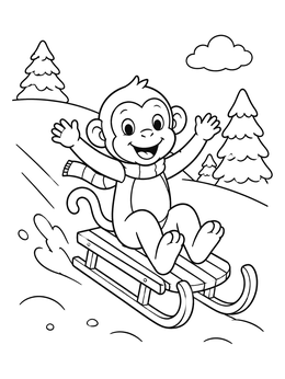 Free printable Cheerful Monkey Sledding Downhill coloring page