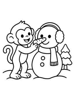 Free printable Cute Monkey Building A Snowman coloring page