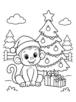 Free printable Cute Christmas Monkey By The Tree coloring page