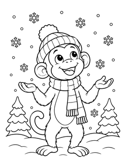 A cheerful christmas monkey coloring page with a scarf and beanie catching falling snowflakes outside.