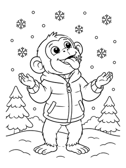 Free printable Winter Monkey Catching Snowflakes coloring page