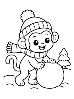 Free printable Winter Monkey Rolling A Snowball coloring page