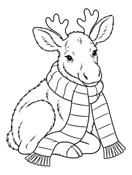 A young calf sits bundled up in this christmas moose coloring page.